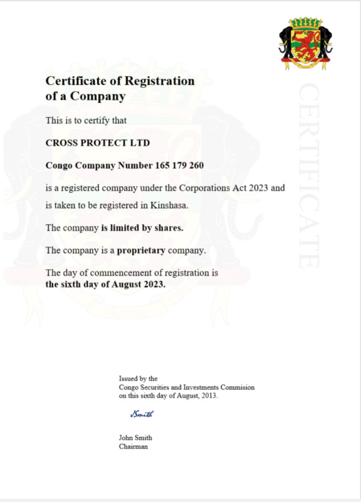 Congo certificate of registration Word and PDF template